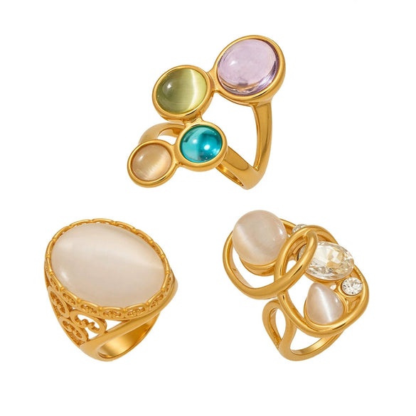 Wholesale Women's Light Luxury Geometric Stainless Steel Ring Set With Cat's Eye Stone Pvd Real Gold Plated Fashion Jewelry