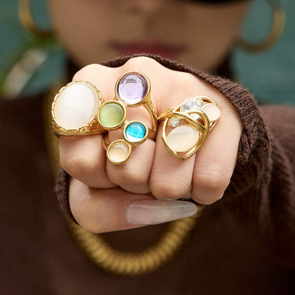 Wholesale Women's Light Luxury Geometric Stainless Steel Ring Set With Cat's Eye Stone Pvd Real Gold Plated Fashion Jewelry