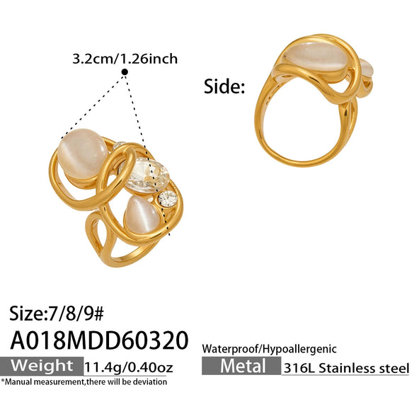 Wholesale Women's Light Luxury Geometric Stainless Steel Ring Set With Cat's Eye Stone Pvd Real Gold Plated Fashion Jewelry