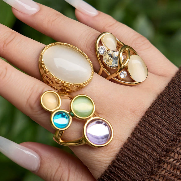 Wholesale Women's Light Luxury Geometric Stainless Steel Ring Set With Cat's Eye Stone Pvd Real Gold Plated Fashion Jewelry