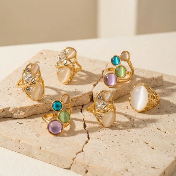 Wholesale Women's Light Luxury Geometric Stainless Steel Ring Set With Cat's Eye Stone Pvd Real Gold Plated Fashion Jewelry