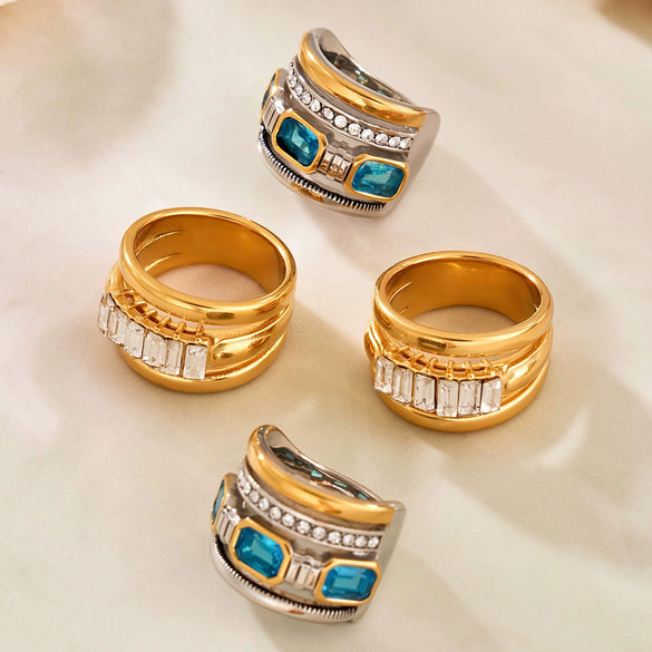 Wholesale Women's Light Luxury Geometric Stainless Steel Ring Set With Glass Stones And Electroplating Design