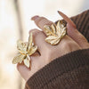 Wholesale Women's Light Luxury Geometric Stainless Steel Vintage Floral Maple Leaf Ring Set 18K Gold Plated