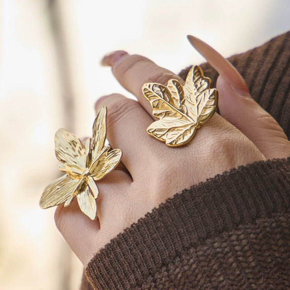 Wholesale Women's Light Luxury Geometric Stainless Steel Vintage Floral Maple Leaf Ring Set 18K Gold Plated
