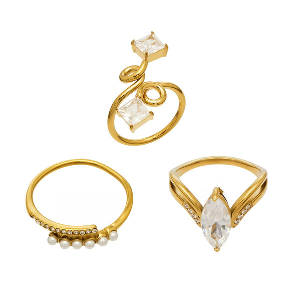Wholesale Women's Light Luxury Geometric Stainless Steel Vshaped Open Tail Ring Set Gold Plated With 5A Zircon