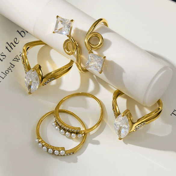 Wholesale Women's Light Luxury Geometric Stainless Steel Vshaped Open Tail Ring Set Gold Plated With 5A Zircon