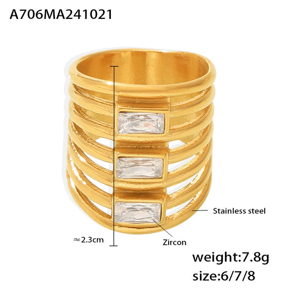 Wholesale Women's Light Luxury Geometric Stainless Steel Zircon Exaggerated Square Ring Gold Plated