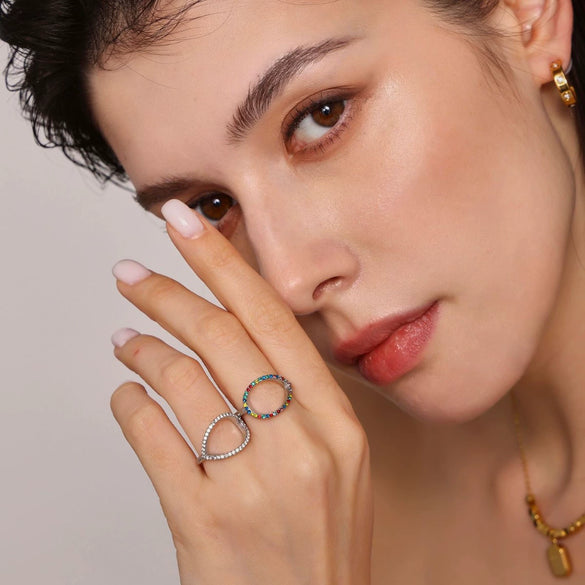 Wholesale Women's Light Luxury Geometric Stainless Steel Zircon Ring With Electroplating And Hollow Design