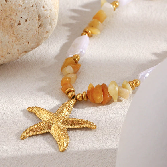 Wholesale Women's Light Luxury Geometric Starfish Pendant Necklace Stainless Steel Plated With 18K Orange Natural Gravel And Imitation Pearl
