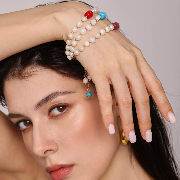 Wholesale Women's Light Luxury Geometric 316L Stainless Steel Fresh Water Pearl Natural Stone Bracelet With Electroplating Design And Ot Buckle Tassel