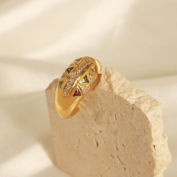 Wholesale Women's Light Luxury Geometric Triangle Inlaid Zircon Opening Ring Made Of Titanium Steel With Electroplating