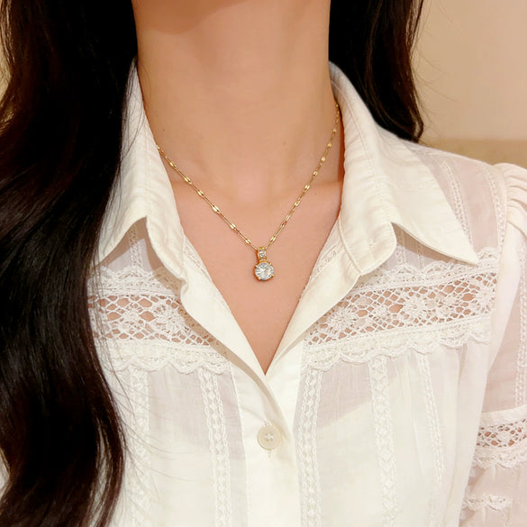 Wholesale Women's Light Luxury Geometric Zircon Inlaid Titanium Steel And Copper Necklace With Water Wave Chain