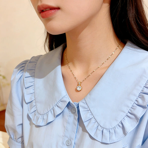 Wholesale Women's Light Luxury Geometric Zircon Inlaid Titanium Steel And Copper Necklace With Water Wave Chain