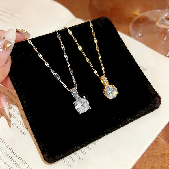 Wholesale Women's Light Luxury Geometric Zircon Inlaid Titanium Steel And Copper Necklace With Water Wave Chain