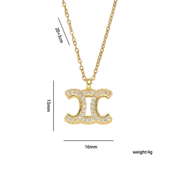 Wholesale Women's Light Luxury Gold Plated Arc De Triomphe Pendant Necklace With Copper Inlaid Zircon And Titanium Steel O Word Chain