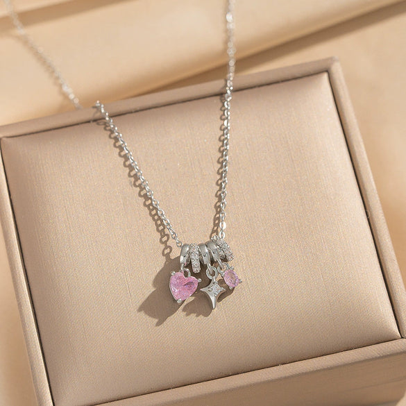 Wholesale Women's Light Luxury Gold Plated Copper And Zircon Jewelry Heart And Geometric Star Pendant Ochain Necklace