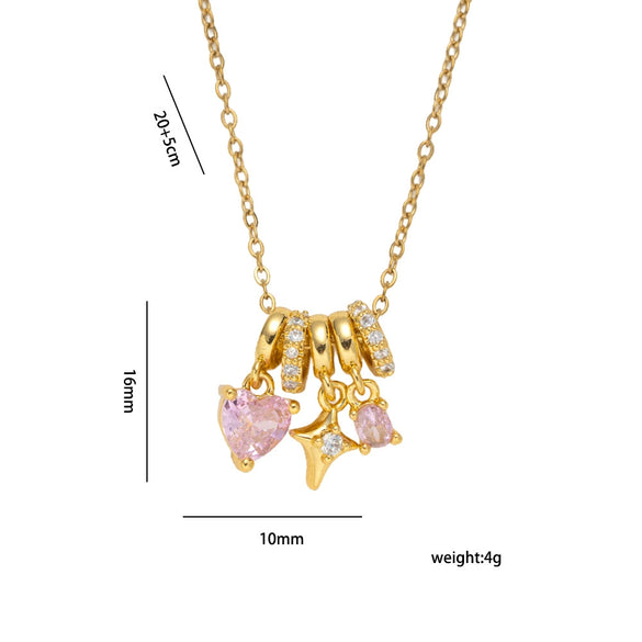 Wholesale Women's Light Luxury Gold Plated Copper And Zircon Jewelry Heart And Geometric Star Pendant Ochain Necklace
