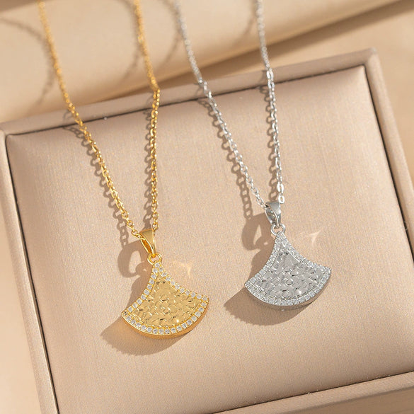Wholesale Women's Light Luxury Gold Plated Copper Inlaid With Zircon Fanshaped Skirt Necklace Pendant Jewelry