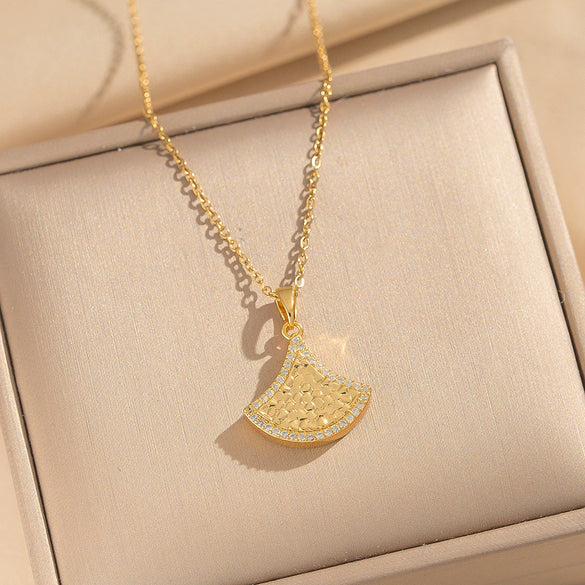 Wholesale Women's Light Luxury Gold Plated Copper Inlaid With Zircon Fanshaped Skirt Necklace Pendant Jewelry