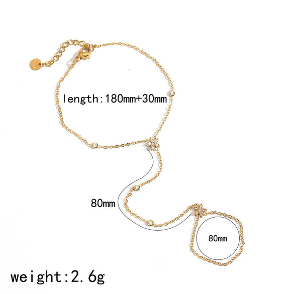 Wholesale Women's Light Luxury Gold Plated Stainless Steel Flower Shape Finger Chain Bracelet With Zircon