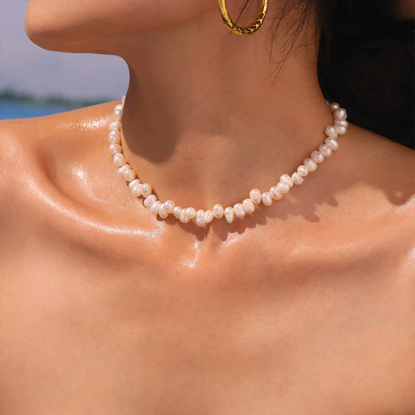 Wholesale Women's Light Luxury Handmade Natural Freshwater Cultured Pearl Necklace With Geometric Pattern 316L Stainless Steel Pendant And Regular Chain Electroplated