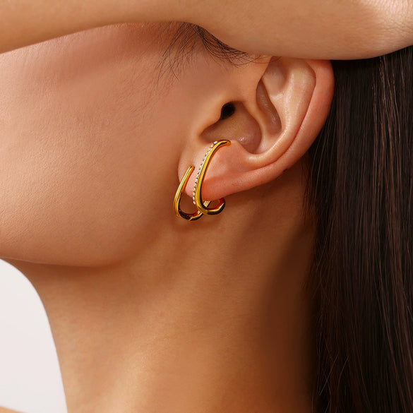 Wholesale Women's Light Luxury Handmade 316L Stainless Steel Inlaid Zircon Geometric Earbone Clip Earrings With Electroplating