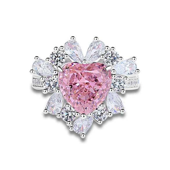 Wholesale Women's Light Luxury Heartshaped 925 Sterling Silver Pink High Carbon Diamond Ring With Ice Flower Cut