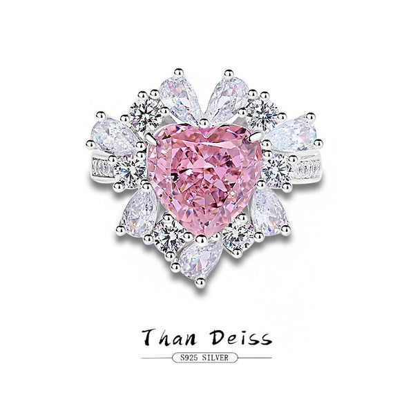 Wholesale Women's Light Luxury Heartshaped 925 Sterling Silver Pink High Carbon Diamond Ring With Ice Flower Cut