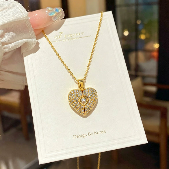 Wholesale Women's Light Luxury Heartshaped Zircon Inlaid Copper Pendant Titanium Steel Oshaped Chain Necklace