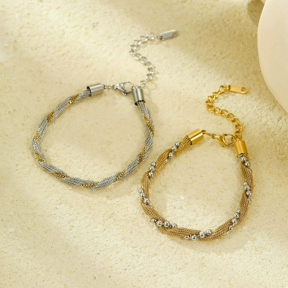 Wholesale Women's Light Luxury Highend Titanium Steel Bracelet With Colorblocked Twist Chain And Nonfading Gold Electroplated Steel Ball