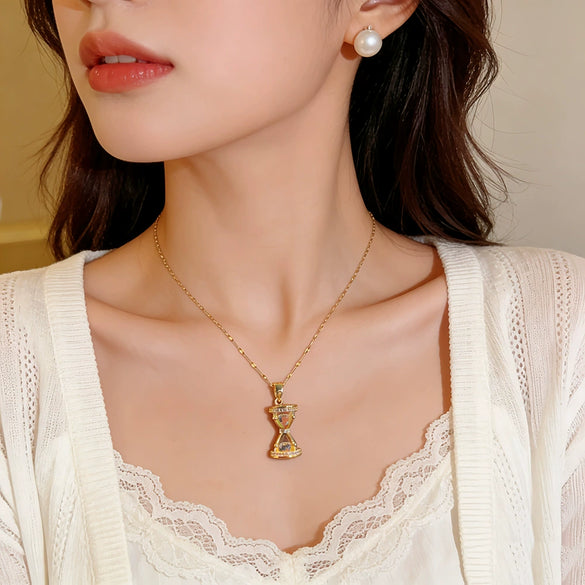 Wholesale Women's Light Luxury Hourglass Zircon Inlaid Copper Pendant Titanium Steel Water Wave Chain Necklace
