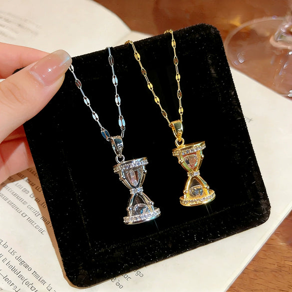 Wholesale Women's Light Luxury Hourglass Zircon Inlaid Copper Pendant Titanium Steel Water Wave Chain Necklace