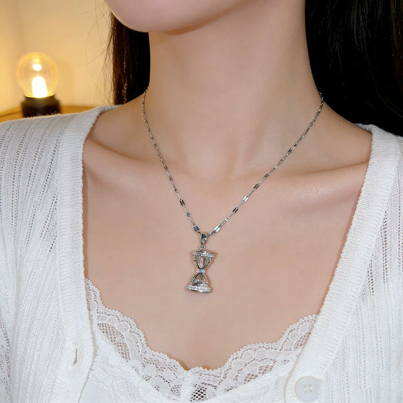 Wholesale Women's Light Luxury Hourglass Zircon Inlaid Copper Pendant Titanium Steel Water Wave Chain Necklace