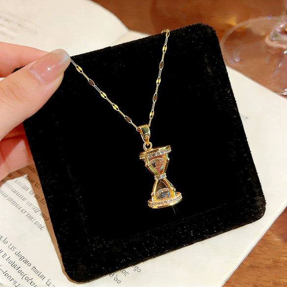 Wholesale Women's Light Luxury Hourglass Zircon Inlaid Copper Pendant Titanium Steel Water Wave Chain Necklace