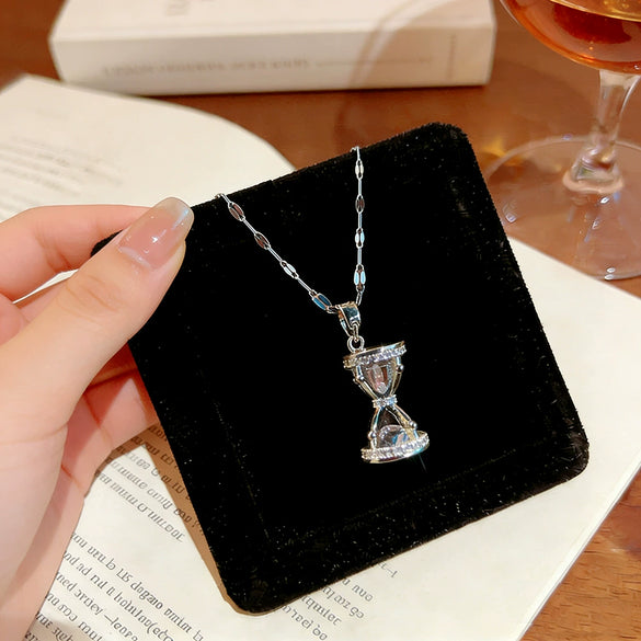 Wholesale Women's Light Luxury Hourglass Zircon Inlaid Copper Pendant Titanium Steel Water Wave Chain Necklace
