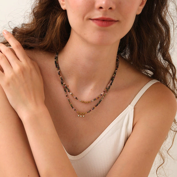 Wholesale Women's Light Luxury Ins Style Natural Tourmaline And Stainless Steel Geometric Beaded Stacked Necklace With Electroplating
