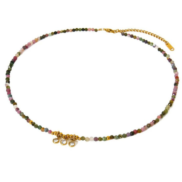 Wholesale Women's Light Luxury Ins Style Natural Tourmaline And Stainless Steel Geometric Beaded Stacked Necklace With Electroplating