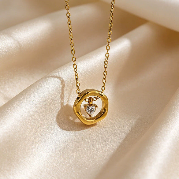 Wholesale Women's Light Luxury Irregular Geometric Heart Shape Stainless Steel Zircon Necklace With Vacuum Electroplating In Furnace