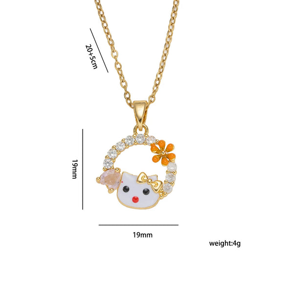 Wholesale Women's Light Luxury Kitty Necklace With Bow Tie And Cartoon Characters Pattern Real Gold Plated Copper Zircon O Word Chain Pendant