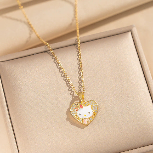 Wholesale Women's Light Luxury Kitty Necklace With Bow Tie And Cartoon Characters Pattern Real Gold Plated Copper Zircon O Word Chain Pendant