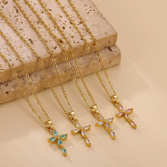 Wholesale Women's Light Luxury Mini Geometric Cross Micropaved Zircon Copper Pendant With 18K Gold Plated O Word Chain Highend Jewelry