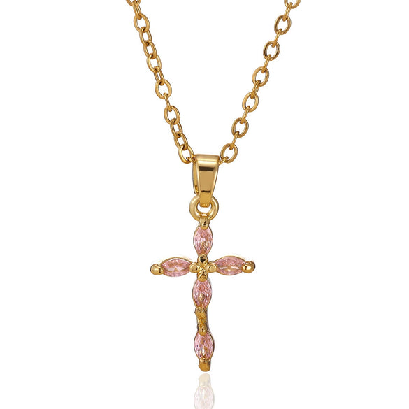 Wholesale Women's Light Luxury Mini Geometric Cross Micropaved Zircon Copper Pendant With 18K Gold Plated O Word Chain Highend Jewelry