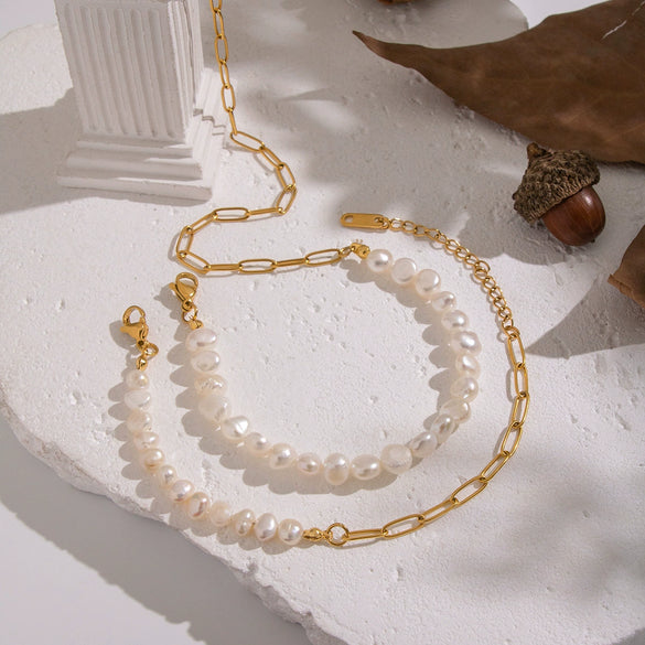 Wholesale Women's Light Luxury Minimalist Electroplated Stainless Steel And Natural Freshwater Pearl Spliced Chain Necklace