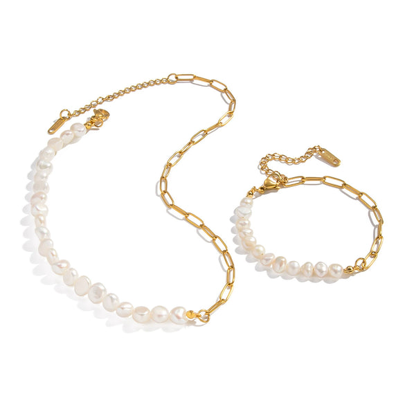 Wholesale Women's Light Luxury Minimalist Electroplated Stainless Steel And Natural Freshwater Pearl Spliced Chain Necklace