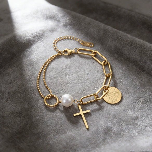 Wholesale Women's Light Luxury Minimalist Geometric Cross Stainless Steel 18K Goldplated Bracelet