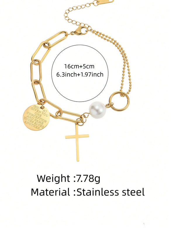 Wholesale Women's Light Luxury Minimalist Geometric Cross Stainless Steel 18K Goldplated Bracelet