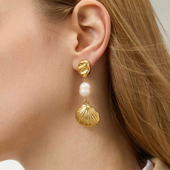Wholesale Women's Light Luxury Minimalist Geometric Freshwater Pearl Shell Stainless Steel Earrings With Vacuum Real Gold Plating