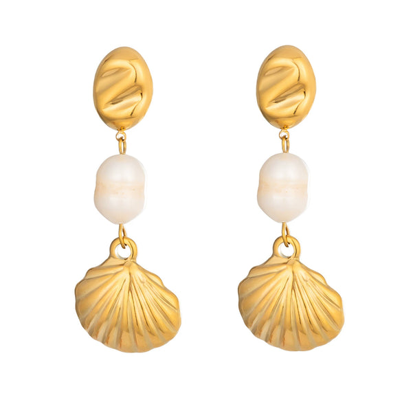 Wholesale Women's Light Luxury Minimalist Geometric Freshwater Pearl Shell Stainless Steel Earrings With Vacuum Real Gold Plating