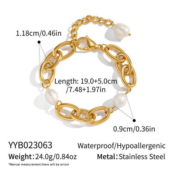 Wholesale Women's Light Luxury Minimalist Geometric Natural Freshwater Pearl Stainless Steel Real Gold Plated Bracelet