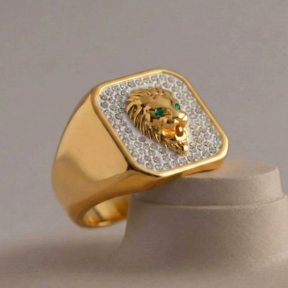 Wholesale Women's Light Luxury Minimalist Geometric Square Lion Head Full Diamond Ring Stainless Steel 18K Gold Plated Jewelry